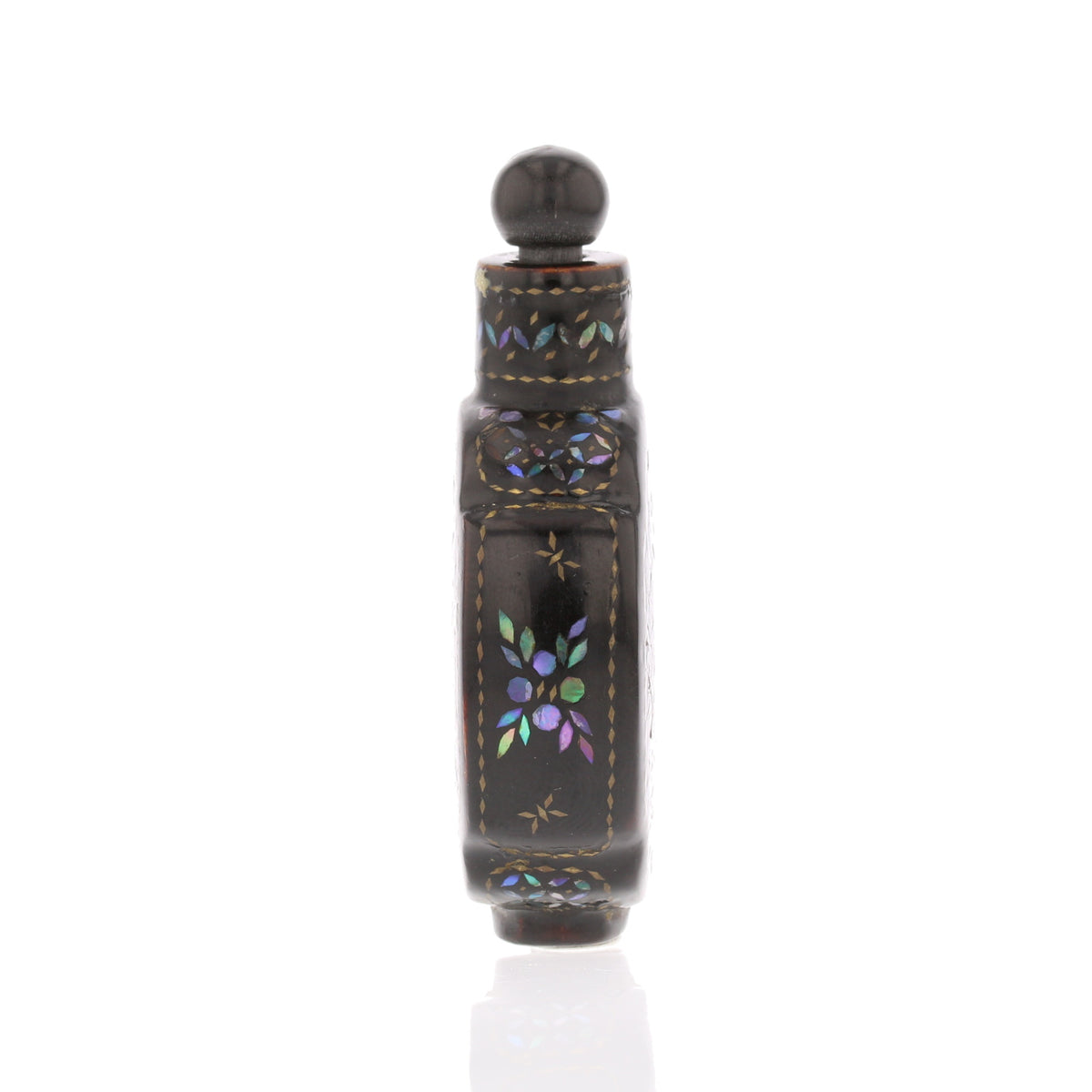 Chinese Lac Burgaute Snuff Bottle – Mother of Pearl Inlay with Horn Top