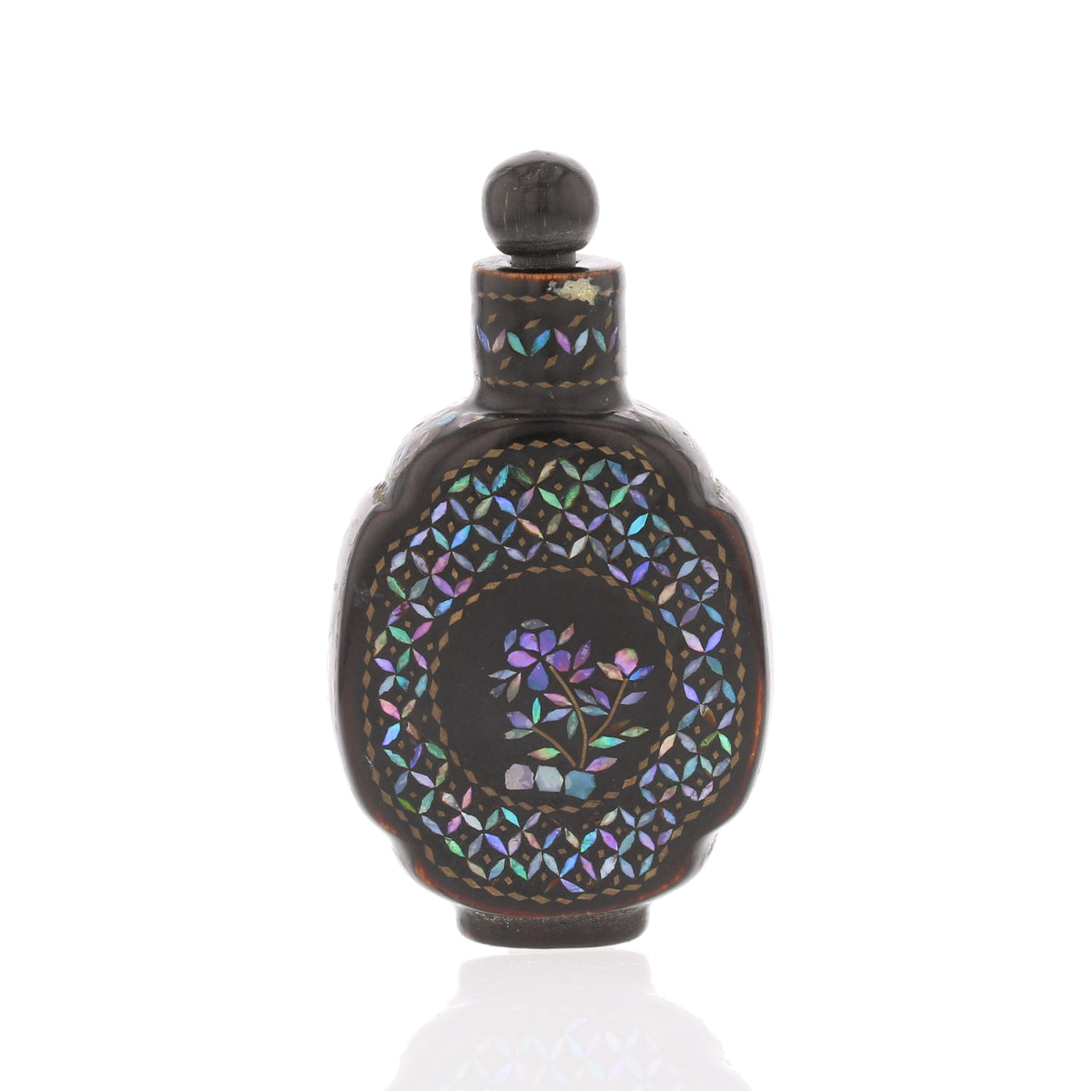 Chinese Lac Burgaute Snuff Bottle – Mother of Pearl Inlay with Horn Top