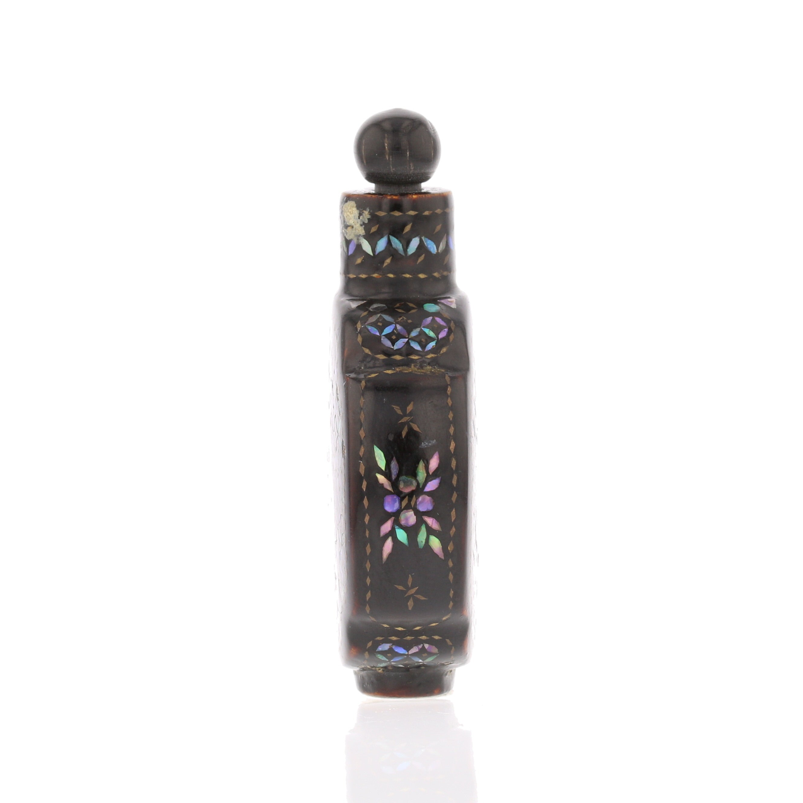 Chinese Lac Burgaute Snuff Bottle – Mother of Pearl Inlay with Horn Top - David's Antiques & Jewelry