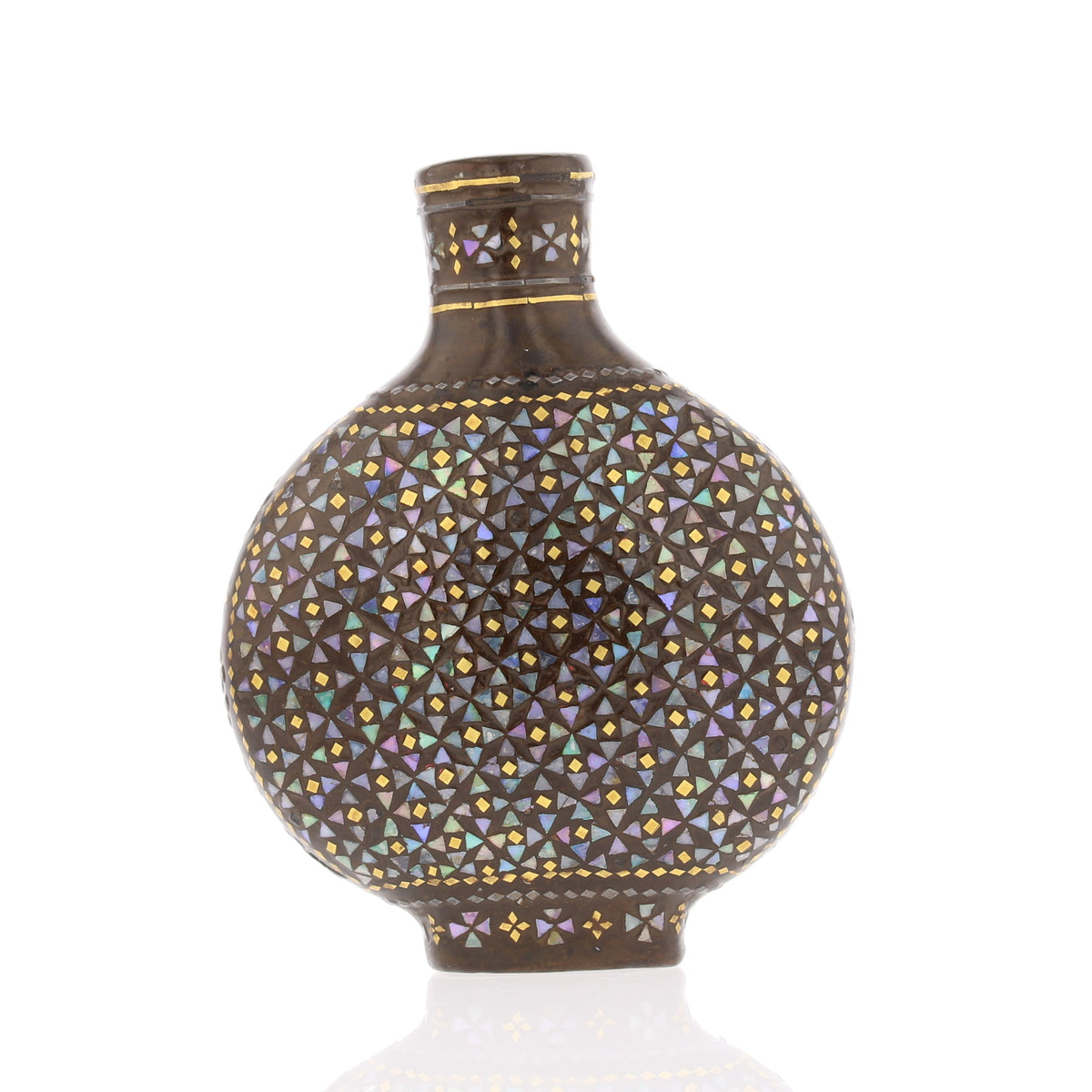 Chinese Lac Burgaute Snuff Bottle – Mother of Pearl Mosaic