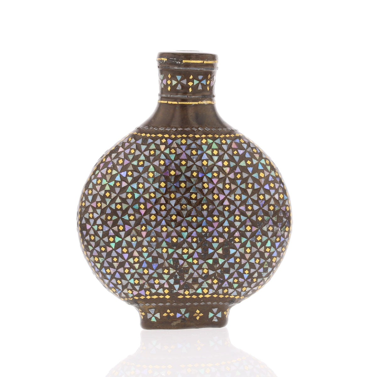 Chinese Lac Burgaute Snuff Bottle – Mother of Pearl Mosaic