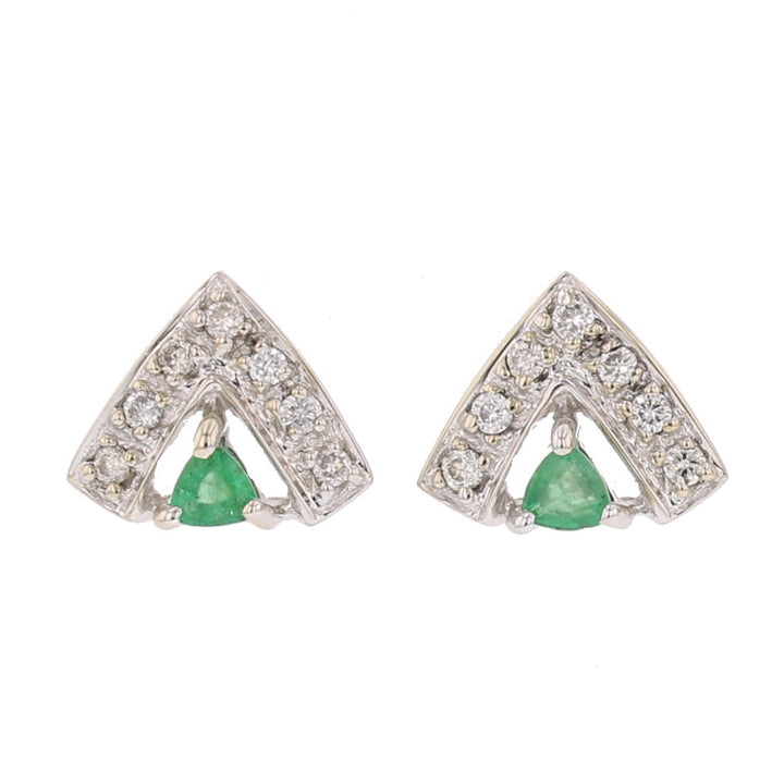 White Gold Emerald Green and Diamond Trillion Stud Earrings