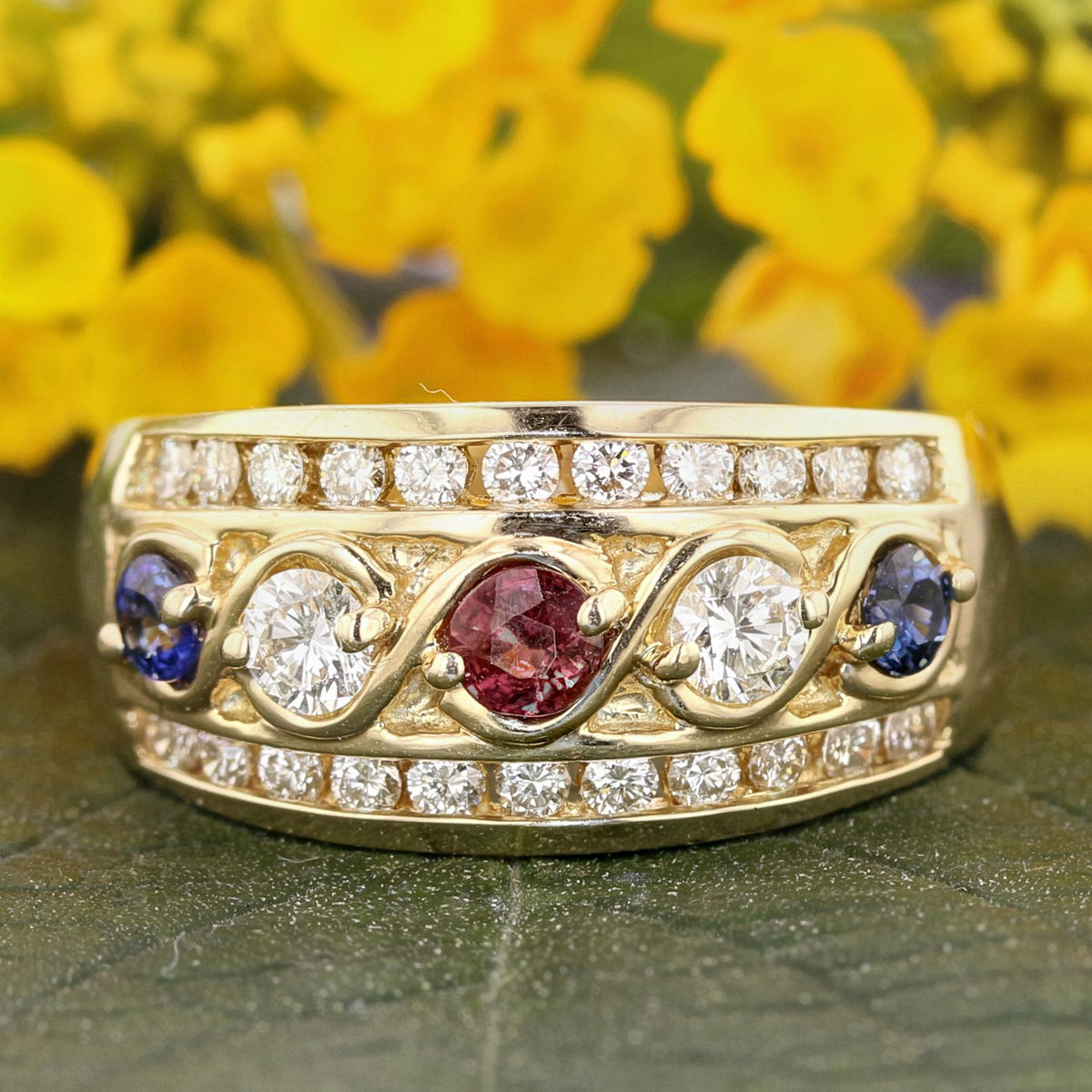 Yellow Gold Red Ruby and Sapphire Ring