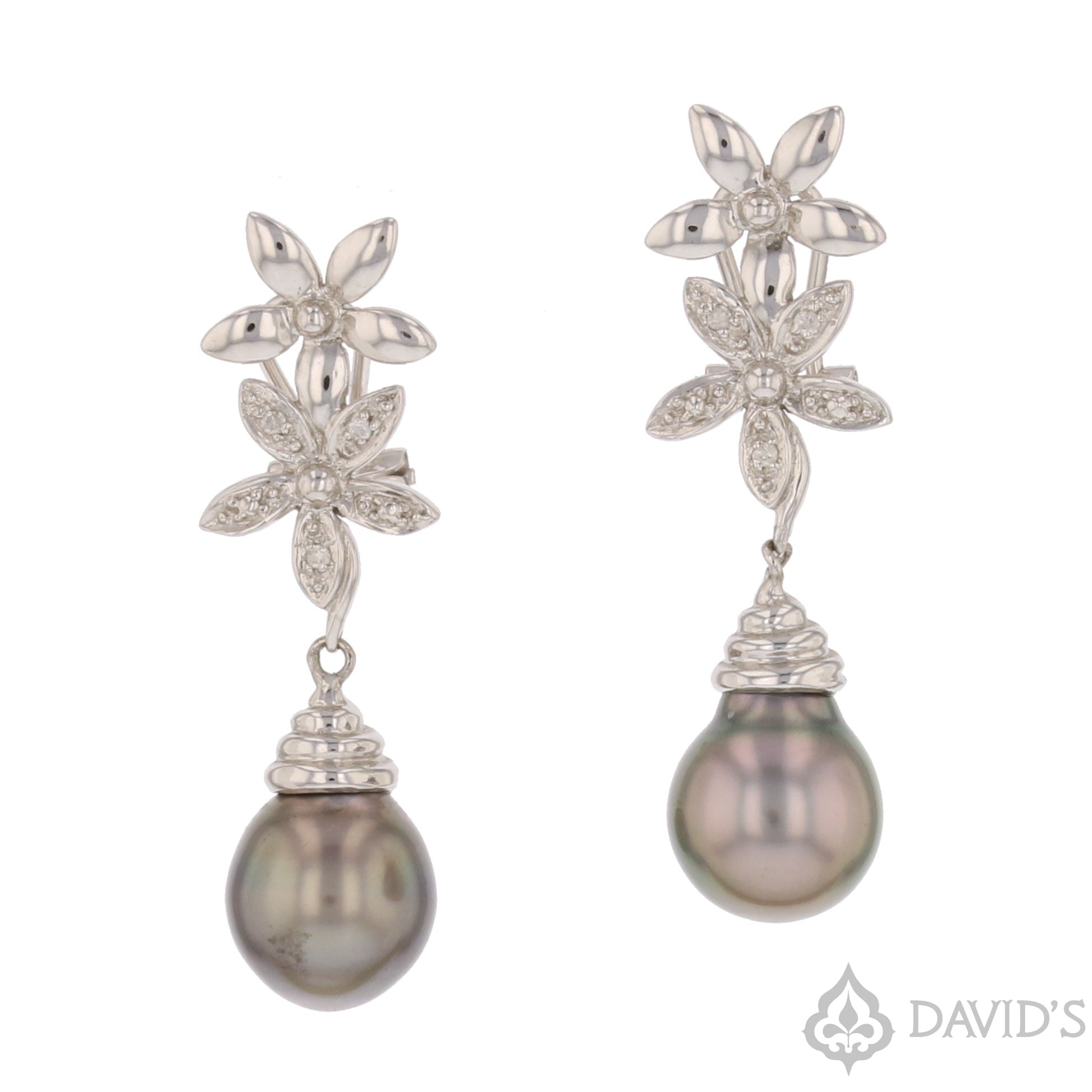 14K White Gold Tahitian Pearl & Diamond Earrings - David's Antiques & Jewelry