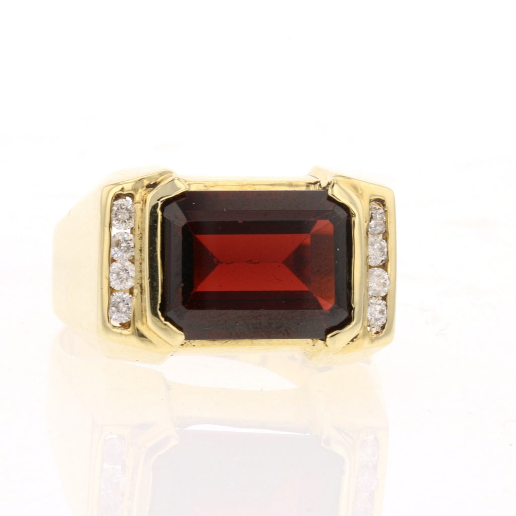 14K Yellow Gold Mozambique Garnet and Diamond Men's Ring
