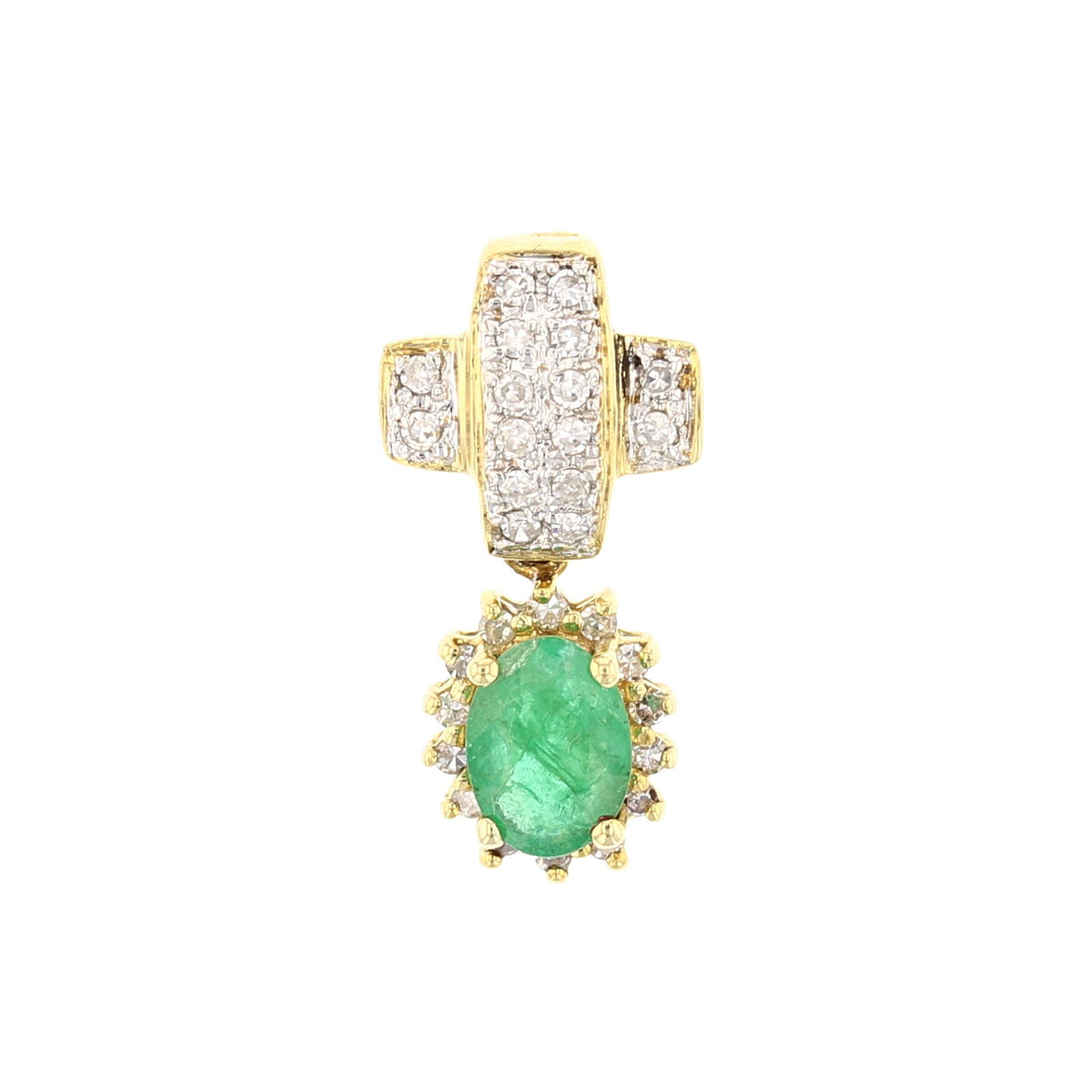 14K Yellow Gold Oval Emerald and Diamond Pendant