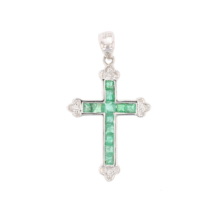 White Gold Emerald and Diamond Cross Pendant