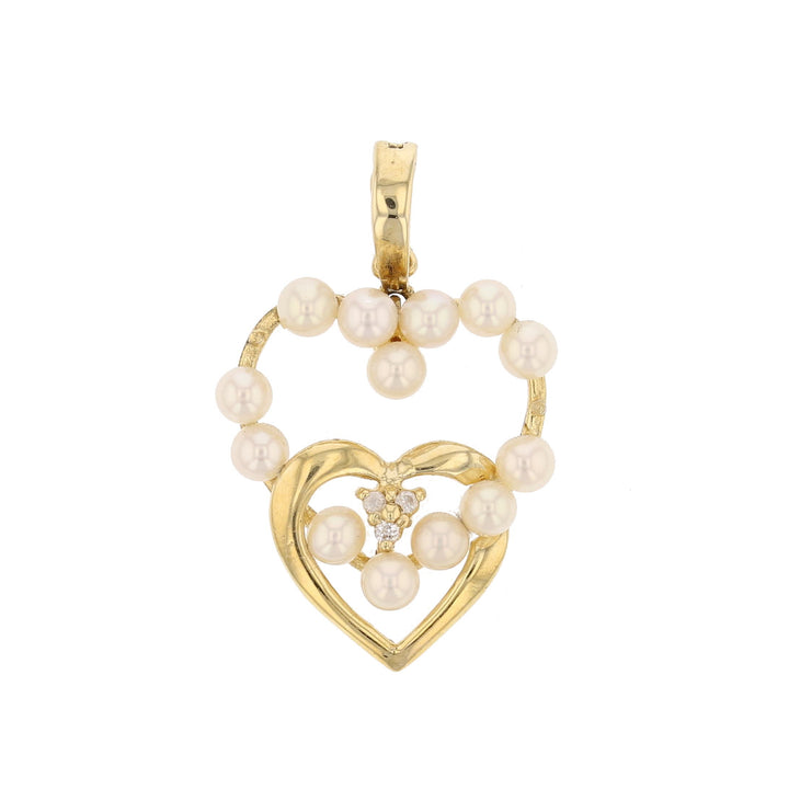Double Heart Seed Pearl & Diamond Pendant in 14K Yellow Gold