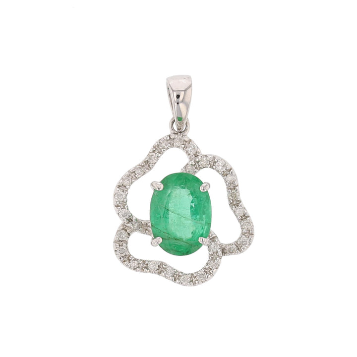 14K White Gold Oval Emerald and Round Diamond Enhancer Pendant