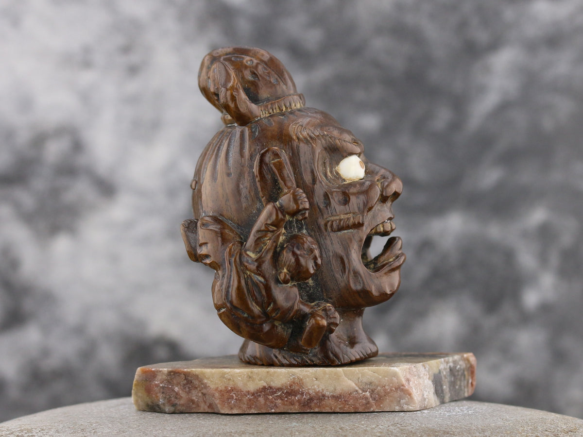 C1950 Wooden Netsuke: Colossal Monster & Climbing Man