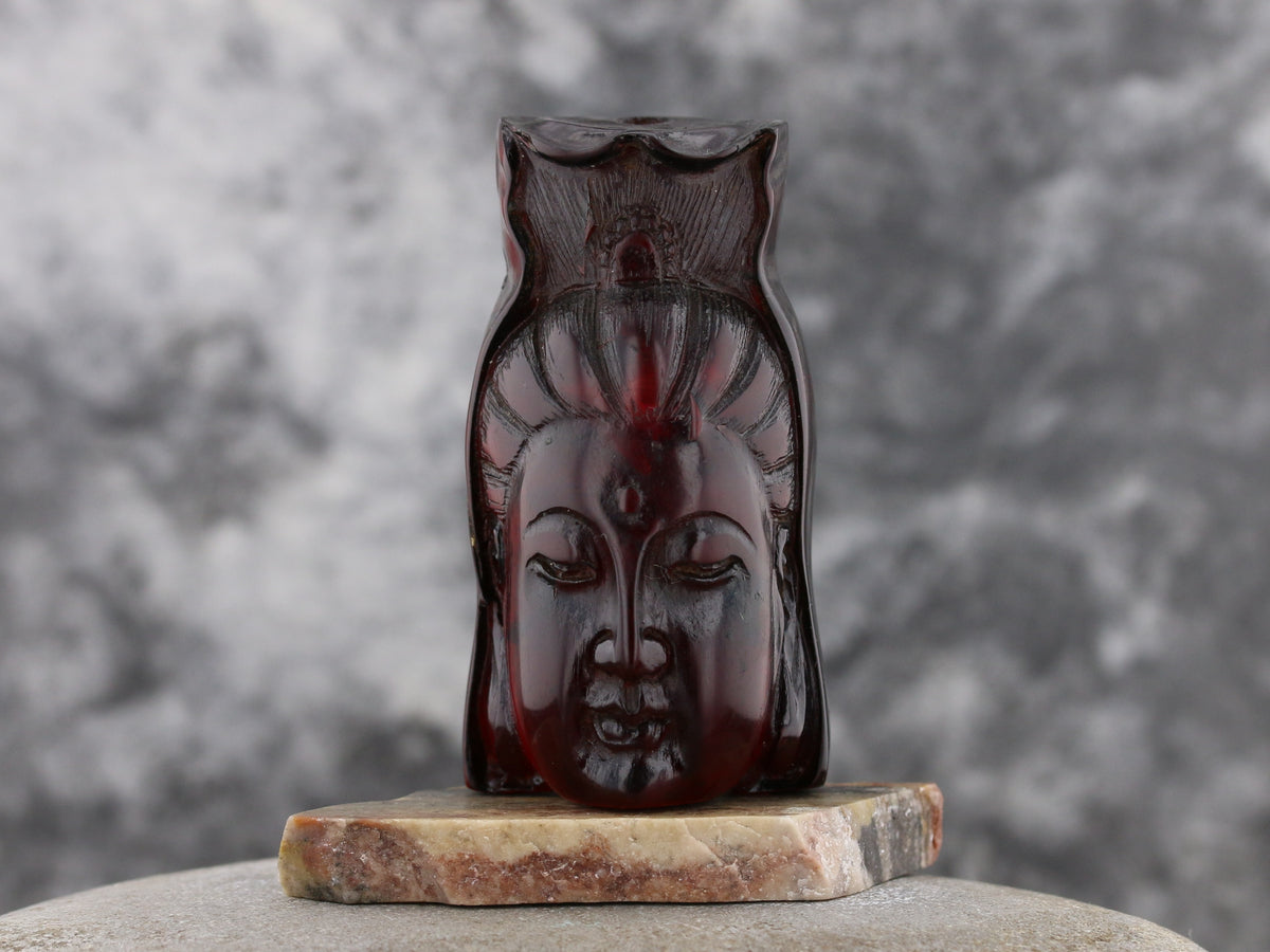 Exquisite Kuan Yin Netsuke Carved from Cherry Amber - C1880