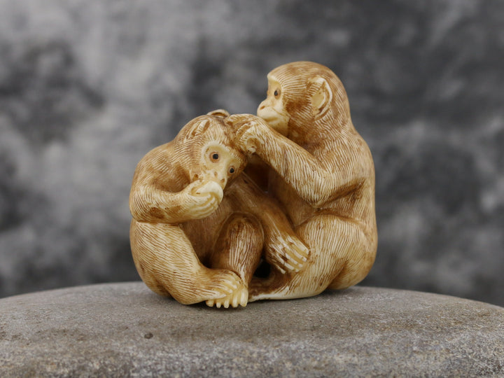 Vintage1950s Ivory Netsuke: Mother Monkey & Baby