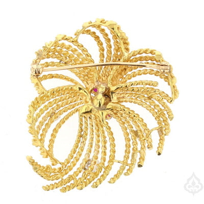 Vintage 18K Yellow Gold Miner Cut Diamond Brooch with Ruby Accents