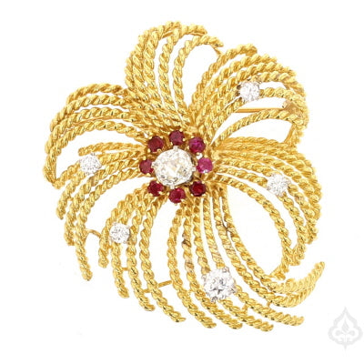 Vintage 18K Yellow Gold Miner Cut Diamond Brooch with Ruby Accents