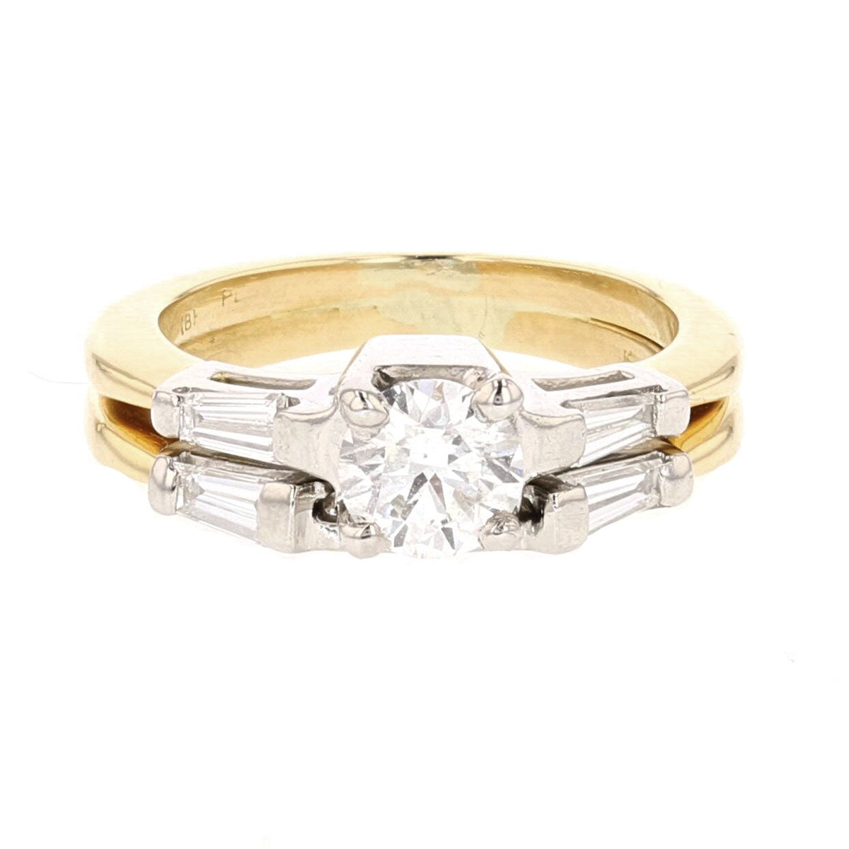 Timeless 18K Gold Round Diamond and Rectangular Side Stone Ring