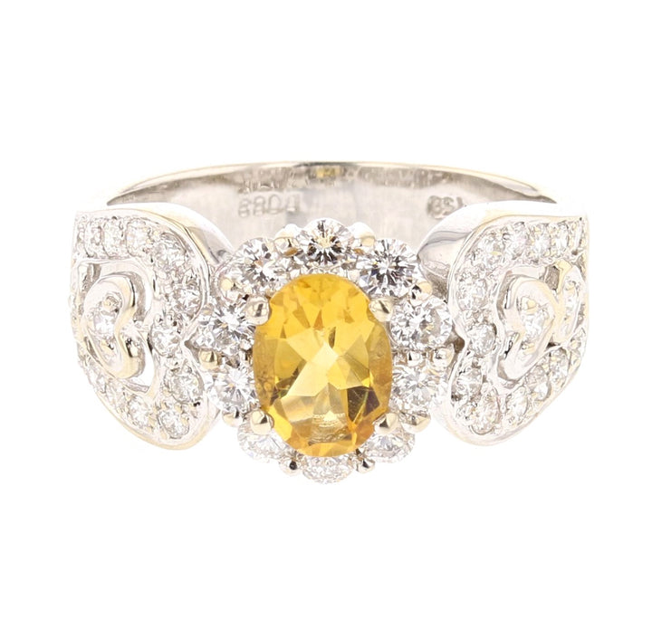 White Gold Oval Citrine Yellow Gemstone Ring