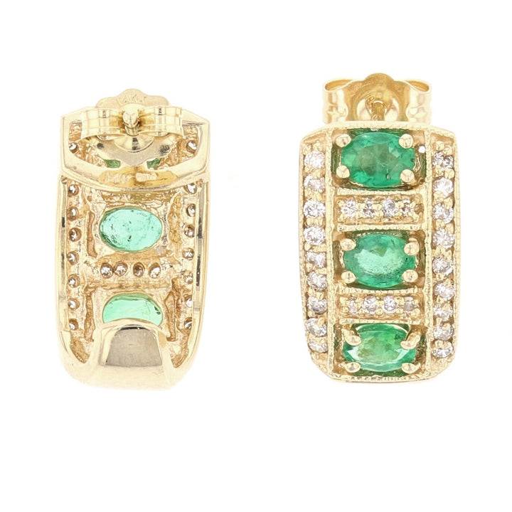 Yellow Gold Oval Cut Emerald Diamond Earrings