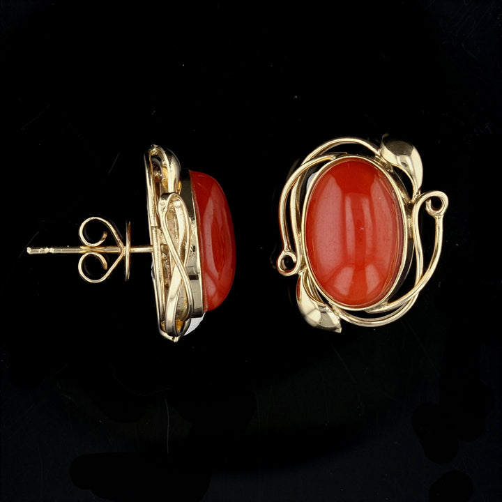 Vintage Red Coral Studs - 14K Yellow Gold