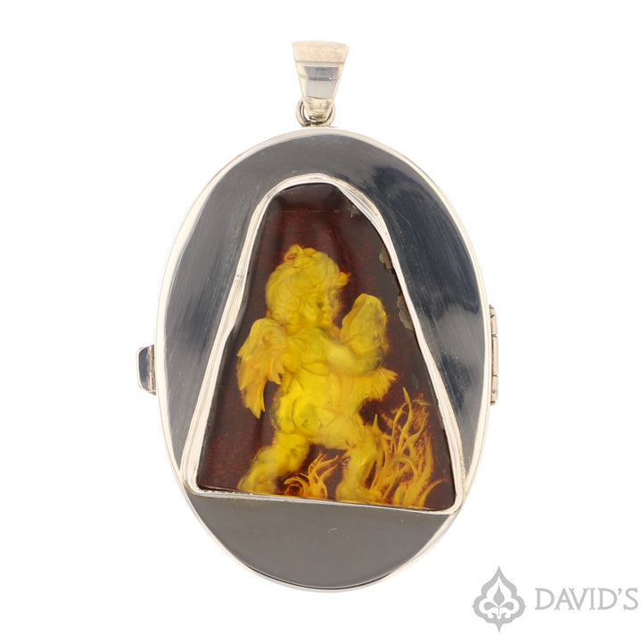 Intaglio Baltic Amber Locket in Sterling Silver
