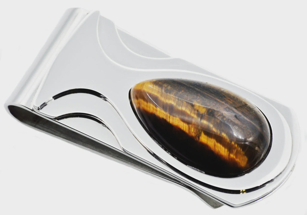 Mens Tiger Eye Stainless Steel Money Clip