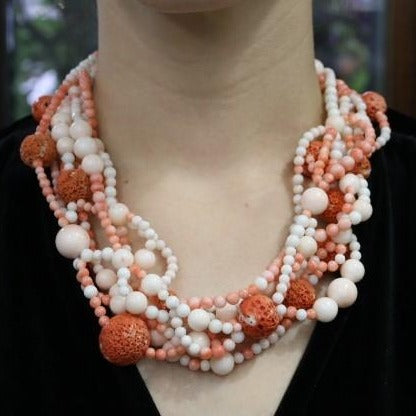 Vintage 14K Yellow Gold Angel Skin Coral Bib Necklace