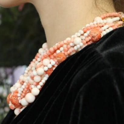 Vintage 14K Yellow Gold Angel Skin Coral Bib Necklace