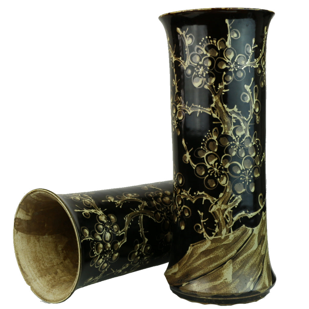 Antique Chinese Ceramic black and brown wide cylinder vases