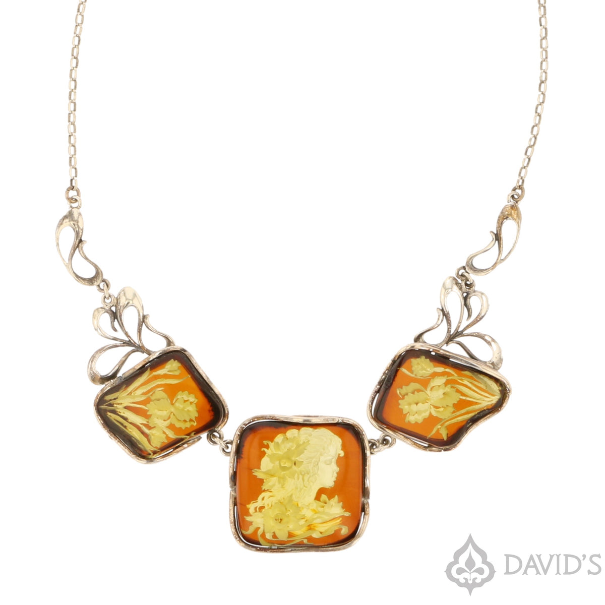 Intaglio Carved Baltic Amber Necklace in Sterling Silver