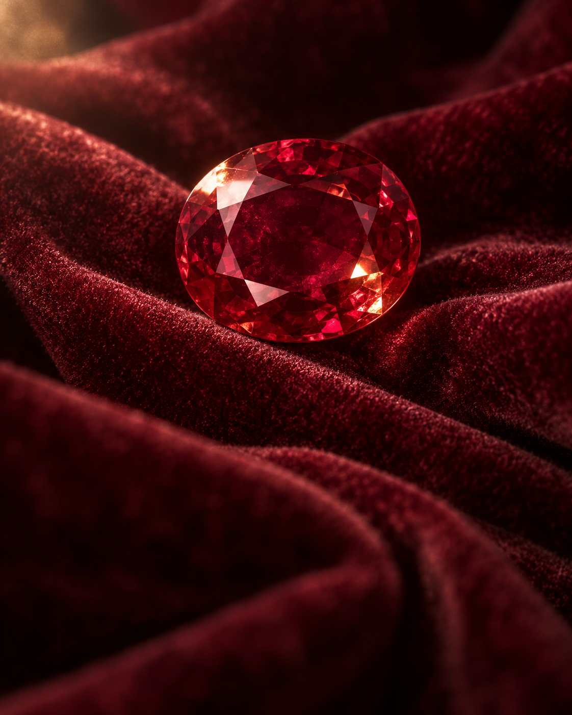 Editorial illustration of a faceted crimson ruby on burgundy velvet