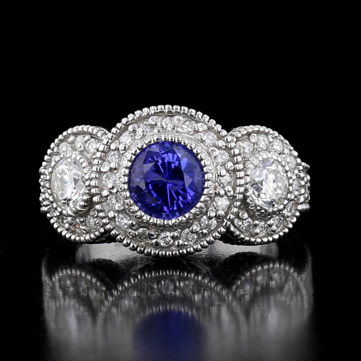 14K White Gold Tanzanite & Diamond Three-Stone Halo Ring 894598