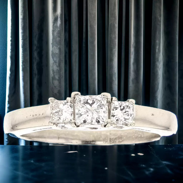 14K White Gold 3 Stone Princess Cut Diamond Engagement/Bridal Ring
