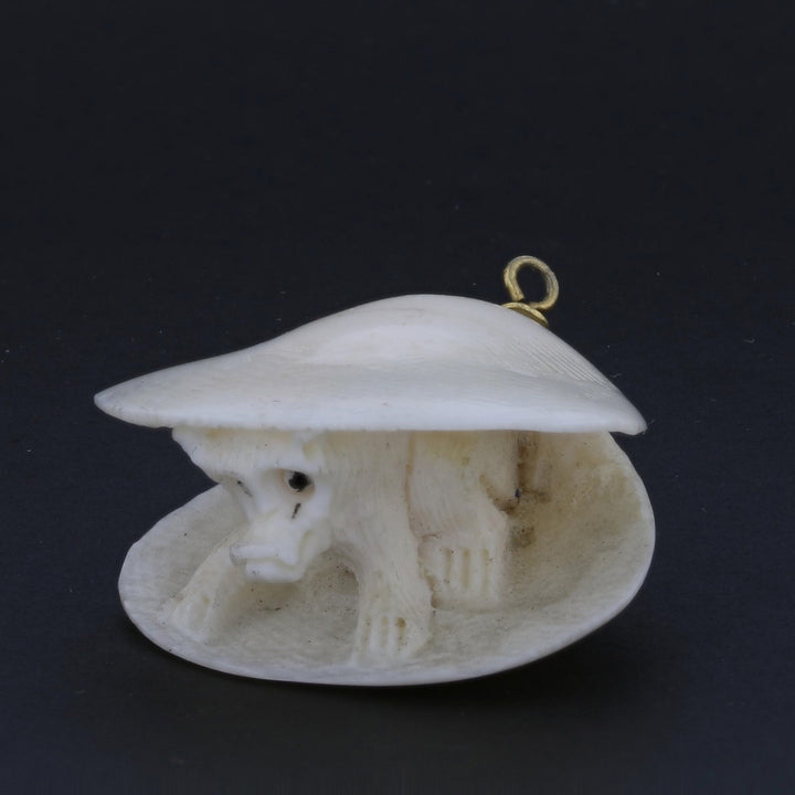 Antique Ivory Netsuke Pendant – Clam with Monkey Carving