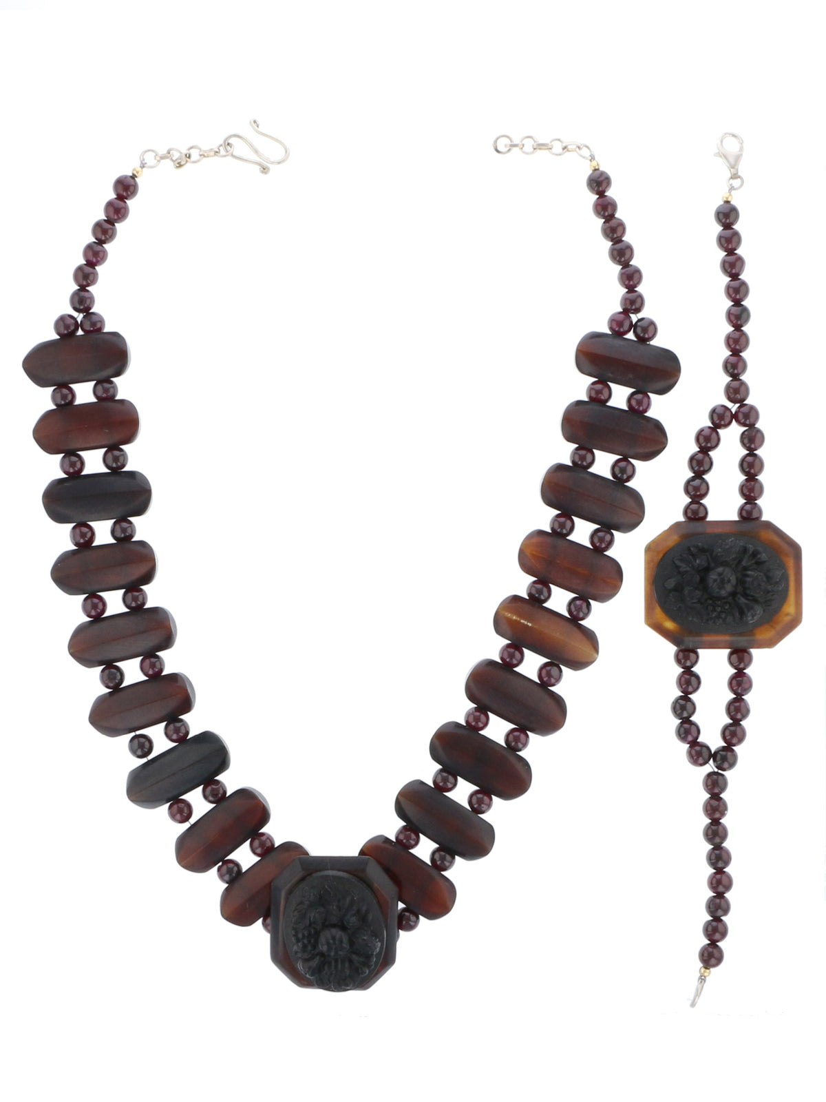 Antique Gutta Percha & Whitby Jet Cameo, French Jet Beads Necklace