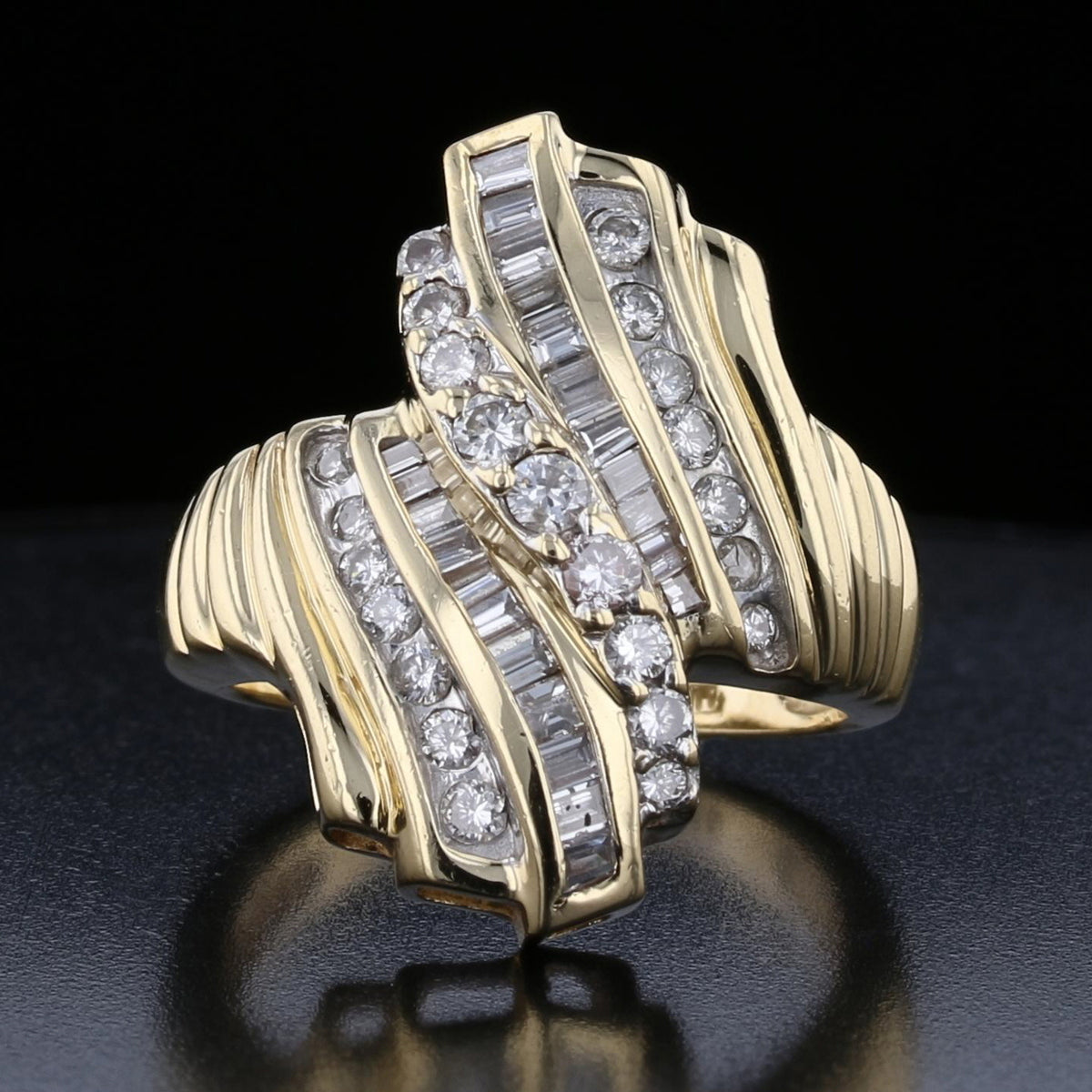 14K Yellow Gold Diamond Baguette and Round Cut Ring