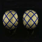 18K Gold Blue Enamel Diamond Lattice Clip-On Earrings - Vintage Designer Style - David's Antiques & Jewelry