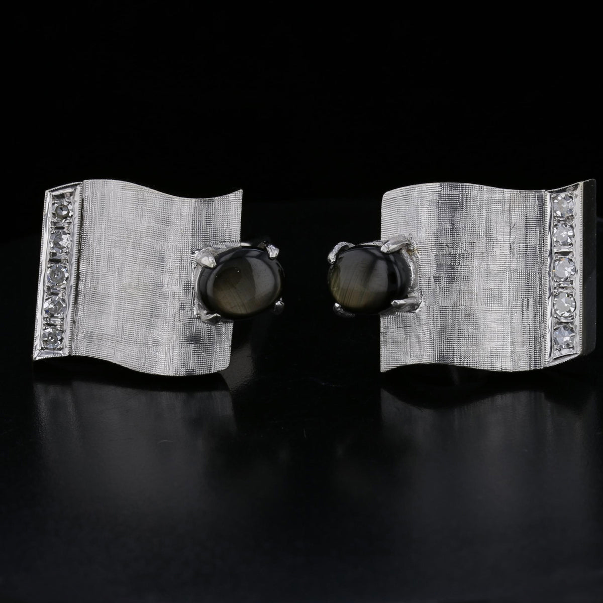 Vintage 14K White Gold Star Sapphire Diamond Cufflinks - Black Oval Gemstone Men's Accessories