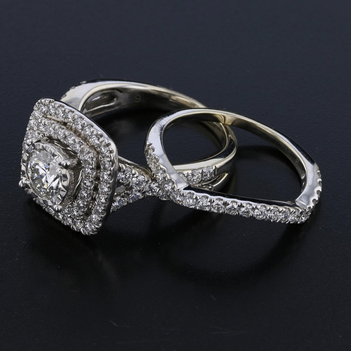 Vintage 14K White Gold Diamond Halo Engagement Ring Set