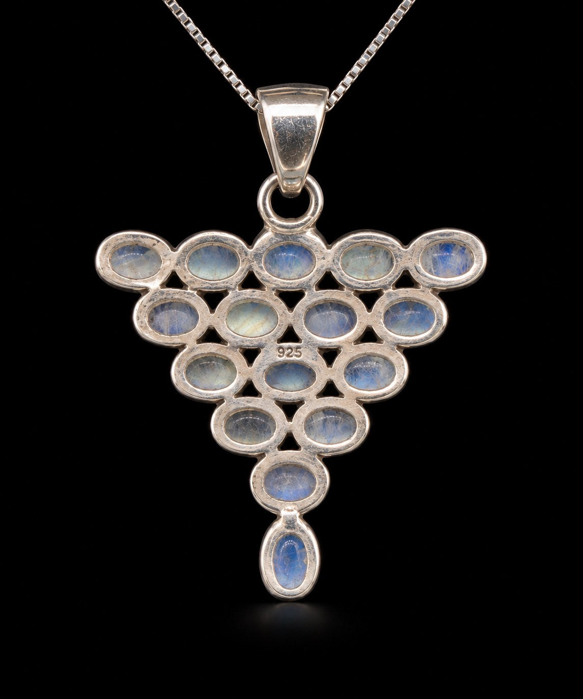 Rainbow moonstone cluster pendant in sterling silver, second view showing the 925 stamp. Item 892060.