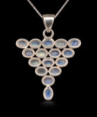 Rainbow moonstone cluster pendant in sterling silver, second view showing the 925 stamp. Item 892060.