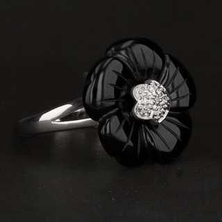 Sterling Silver Carved Onyx Flower Ring with Natural Diamonds | Online Sale $50