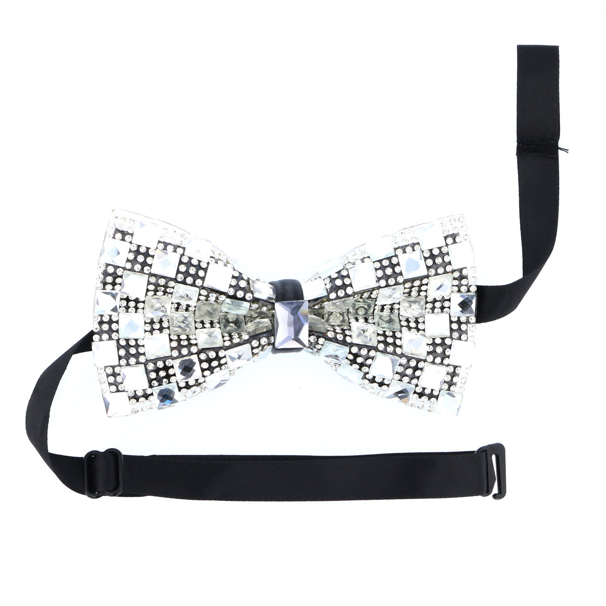 Silver Square Patterned Crystal Glam Bow Tie