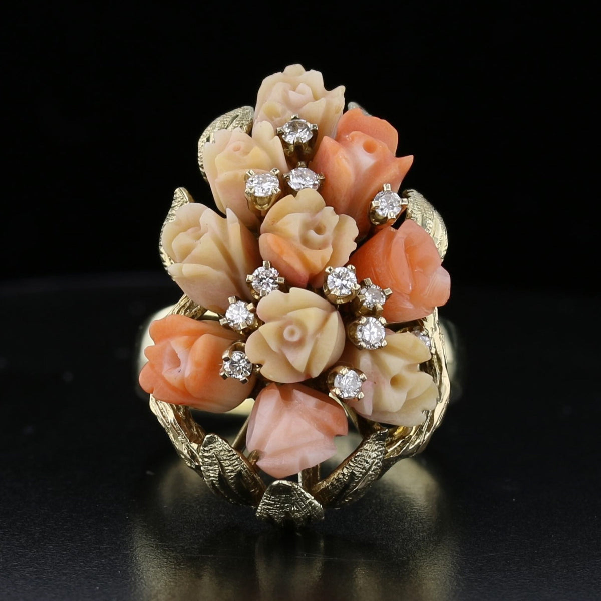Coral Diamond Flowers Ring, Antiques