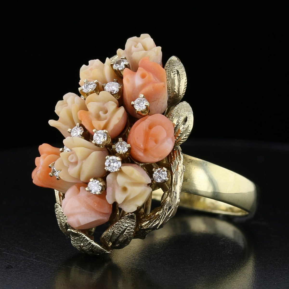 Coral Diamond Flowers Ring, Antiques