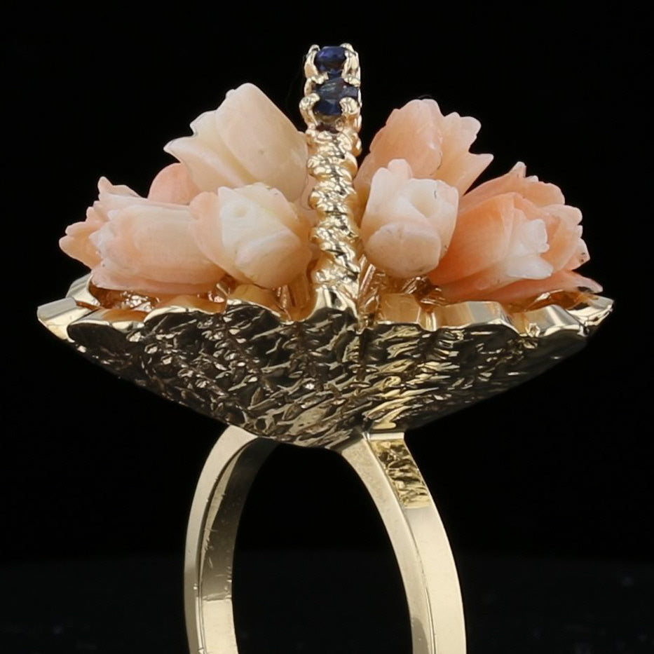 Vintage Coral Sapphire Basket of Flowers Ring