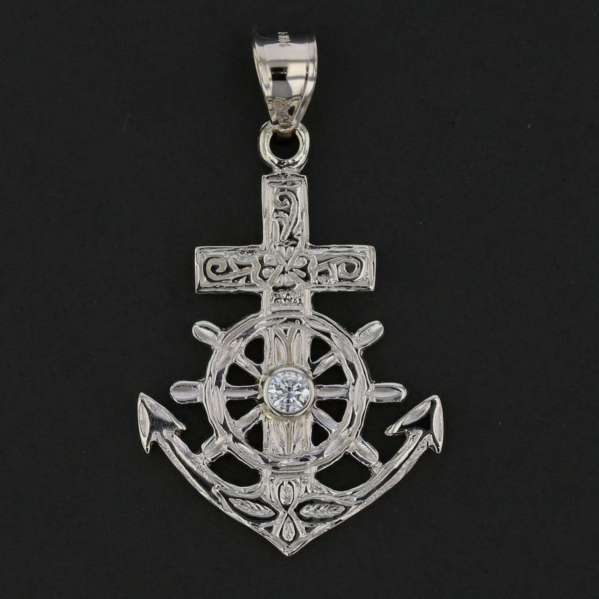 Vintage Anchor Cross Pendant with Diamond