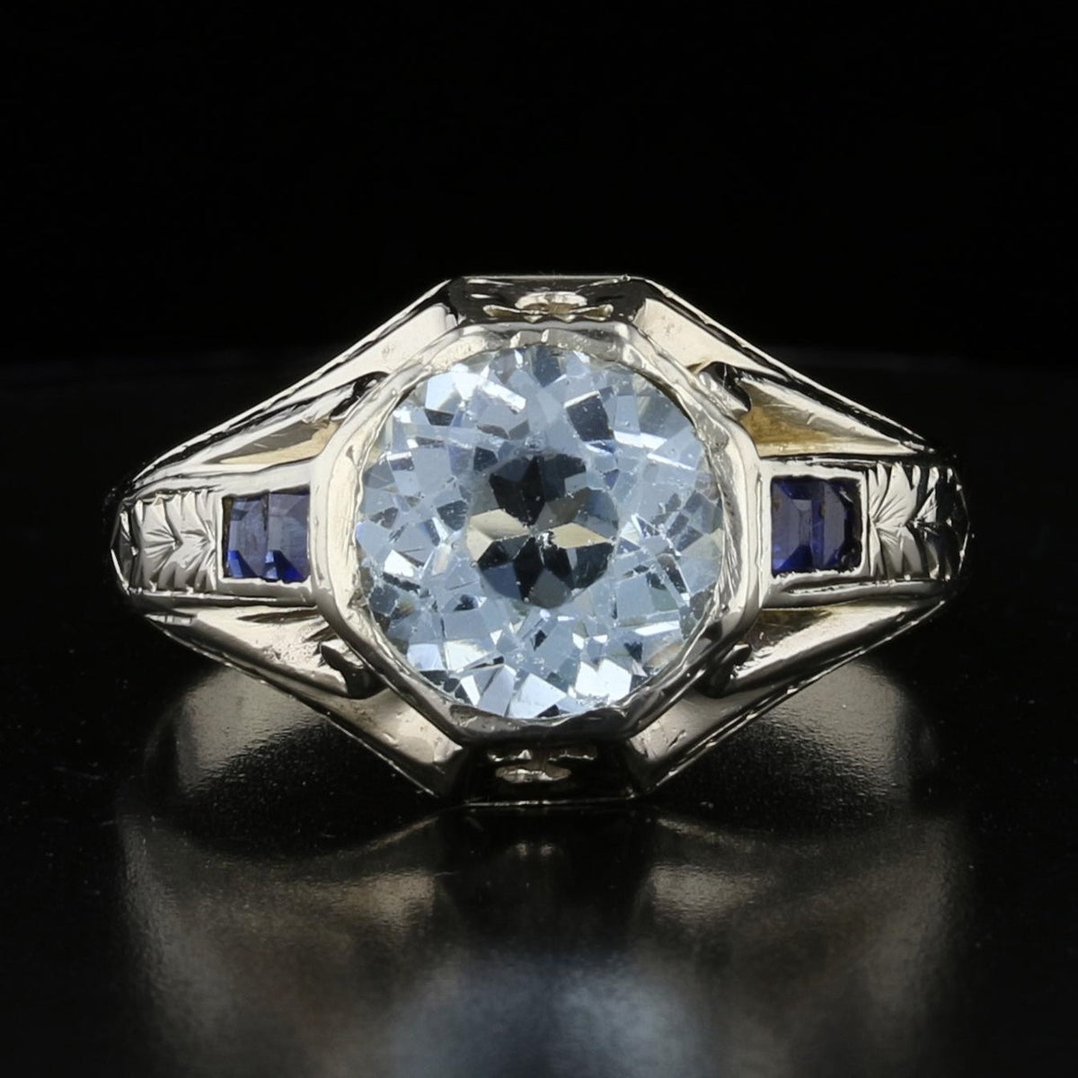 Old Miner Cut Aqua Sapphire Ring