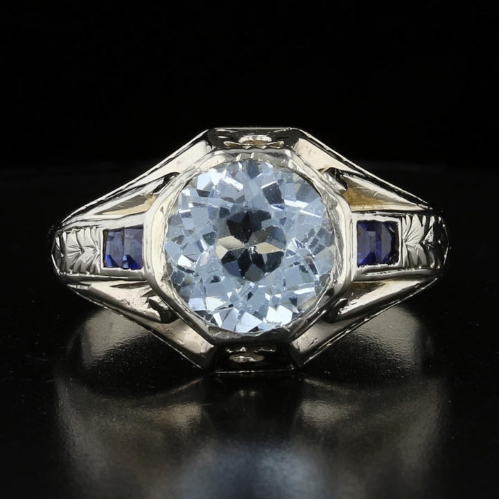 Old Miner Cut Aqua Sapphire Ring