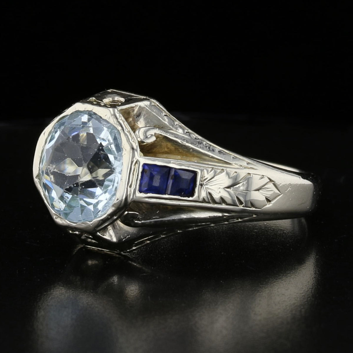 Old Miner Cut Aqua Sapphire Ring