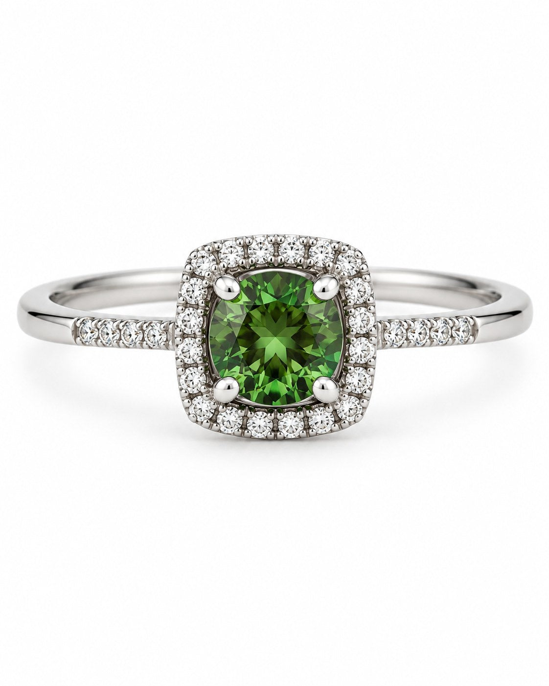 14K White Gold Green Tourmaline & Diamond Halo Ring, Size 7 893733 — main view