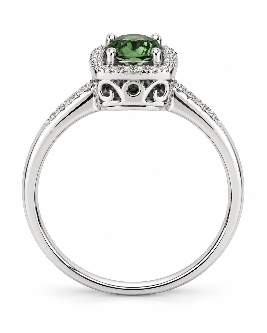 14K White Gold Green Tourmaline & Diamond Halo Ring, Size 7 893733 — third view